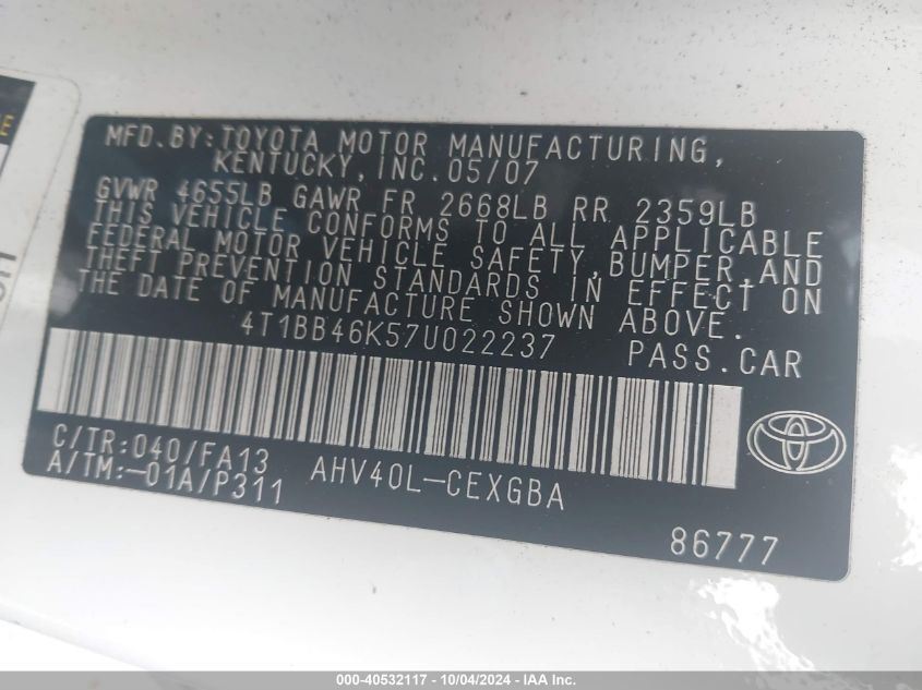 4T1BB46K57U022237 2007 Toyota Camry Hybrid