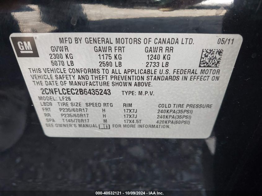 2CNFLCEC2B6435243 2011 Chevrolet Equinox Ls