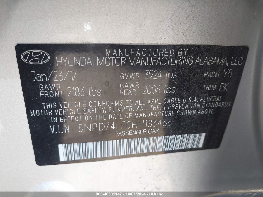 5NPD74LF0HH183466 2017 Hyundai Elantra Se