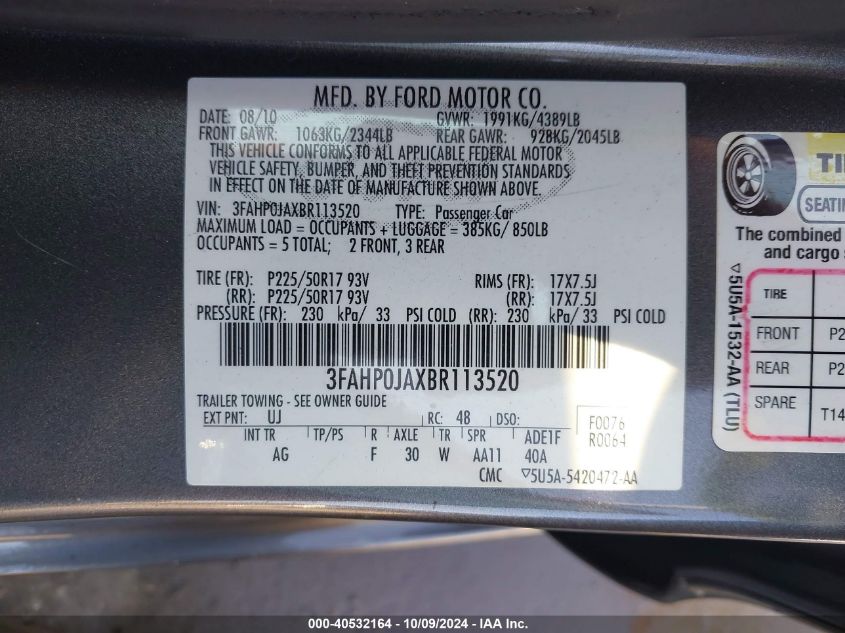 3FAHP0JAXBR113520 2011 Ford Fusion Sel