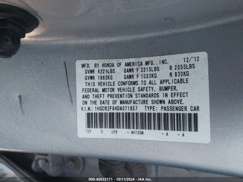 1HGCR2F84DA071957 2013 Honda Accord Ex-L