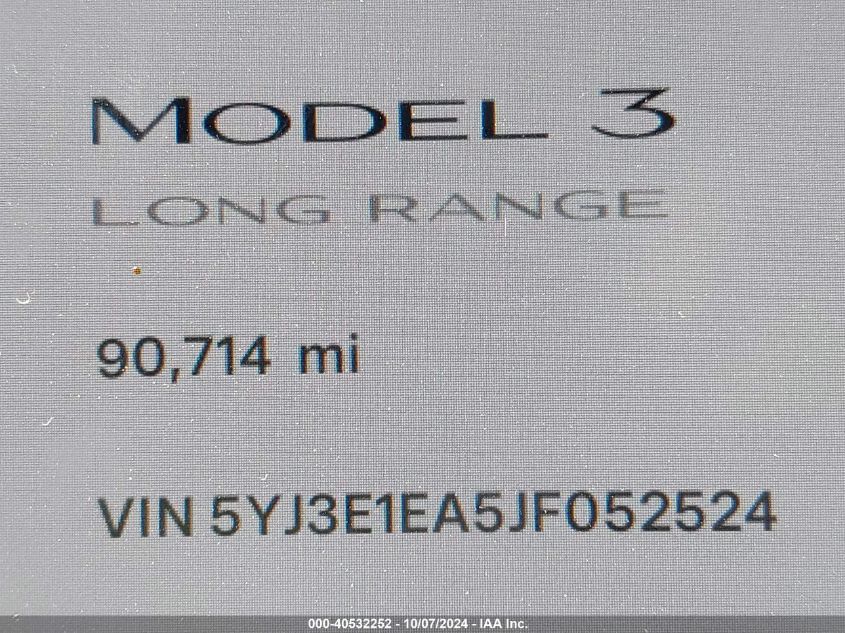 2018 Tesla Model 3 Long Range/Mid Range VIN: 5YJ3E1EA5JF052524 Lot: 40532252