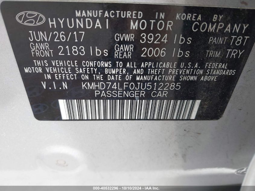 KMHD74LF0JU512285 2018 Hyundai Elantra Se