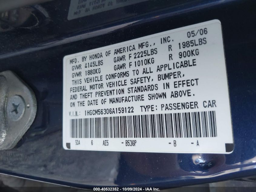 1HGCM56306A159122 2006 Honda Accord 2.4 Se