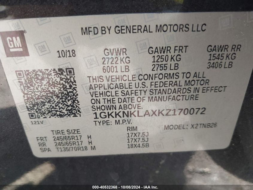 1GKKNKLAXKZ170072 2019 GMC Acadia Sle-1