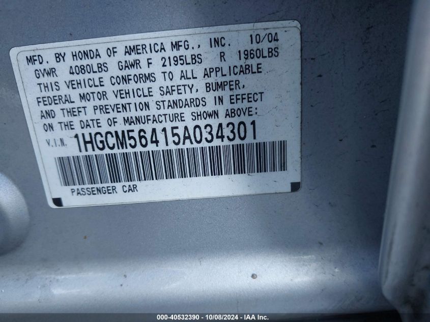 1HGCM56415A034301 2005 Honda Accord Lx