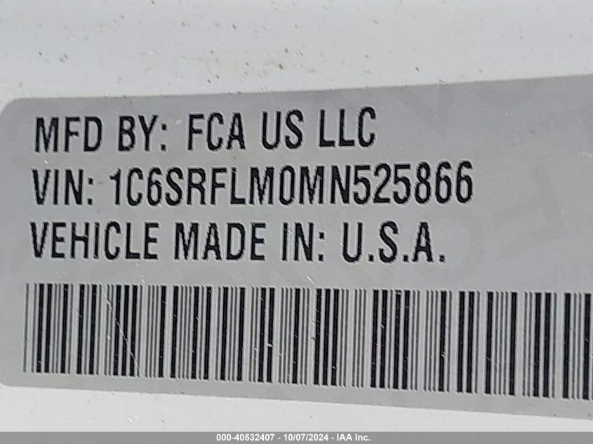 2021 Ram 1500 Rebel VIN: 1C6SRFLM0MN525866 Lot: 40532407