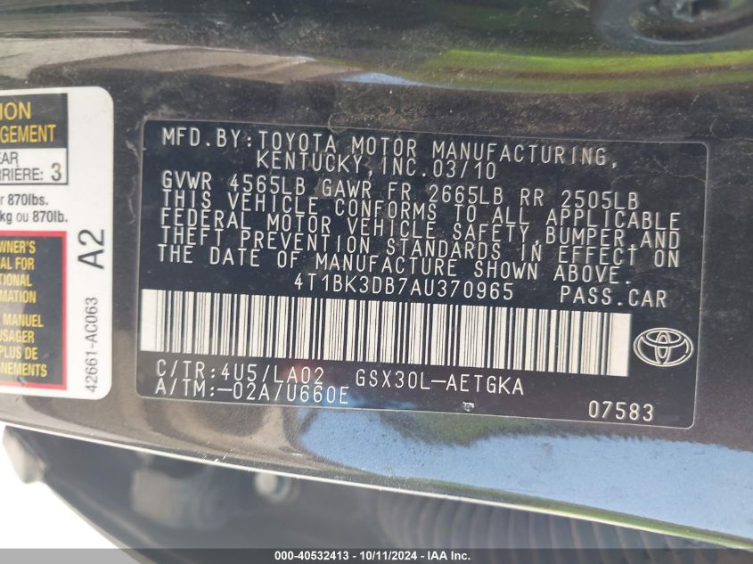 4T1BK3DB7AU370965 2010 Toyota Avalon Xls