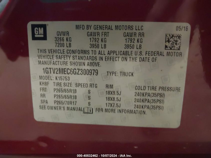 1GTV2MEC6GZ300979 2016 GMC Sierra 1500 Sle