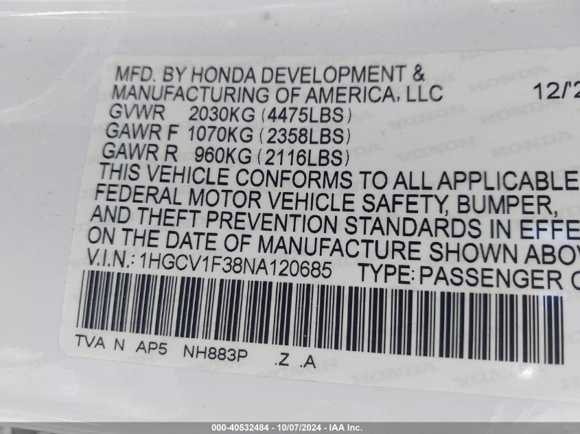 1HGCV1F38NA120685 2022 Honda Accord Sport