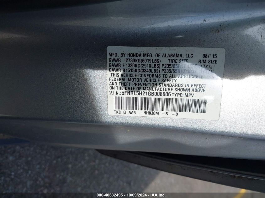 5FNRL5H21GB008606 2016 Honda Odyssey Lx