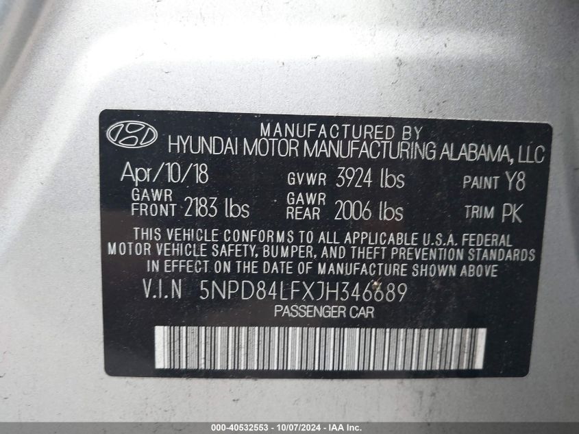 5NPD84LFXJH346689 2018 Hyundai Elantra Sel/Value/Limited