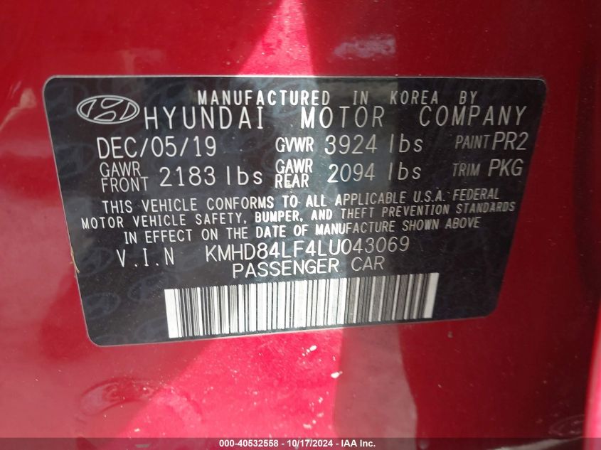 VIN KMHD84LF4LU043069 2020 HYUNDAI ELANTRA no.9