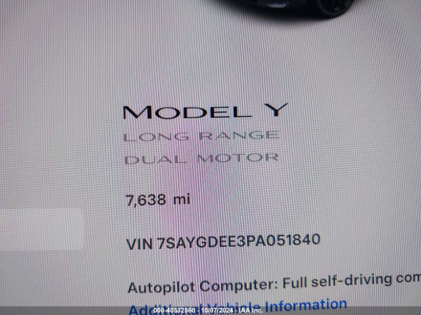 2023 Tesla Model Y VIN: 7SAYGDEE3PA051840 Lot: 40532560