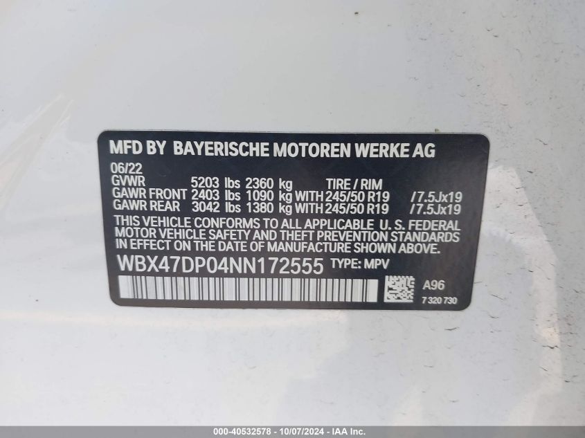 2022 BMW X3 Sdrive30I VIN: WBX47DP04NN172555 Lot: 40532578