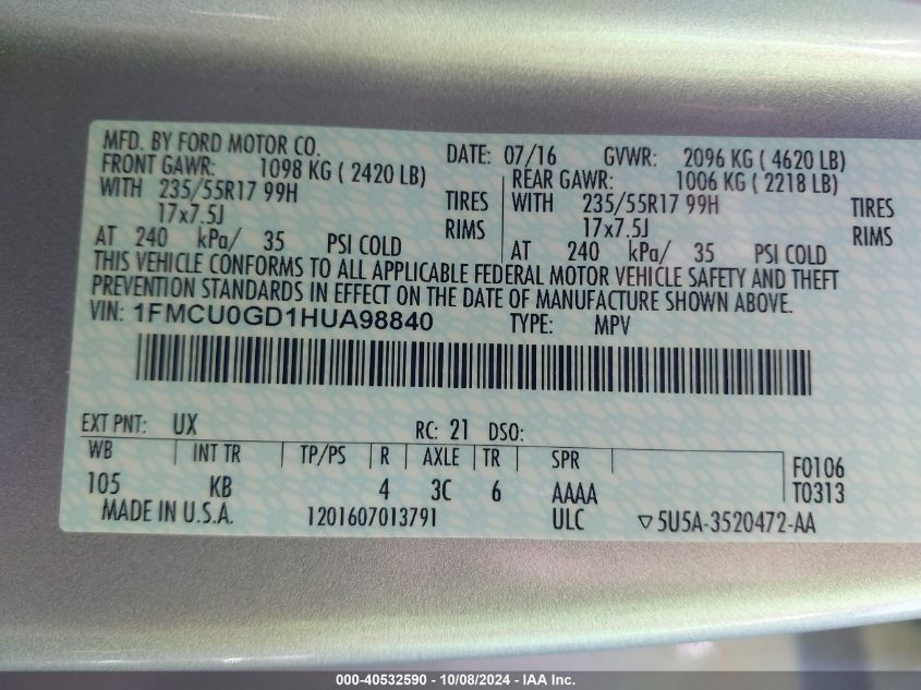 1FMCU0GD1HUA98840 2017 Ford Escape Se