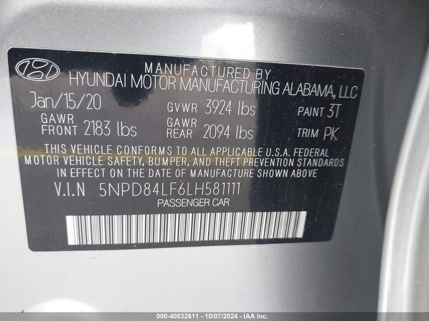 5NPD84LF6LH581111 2020 Hyundai Elantra Sel