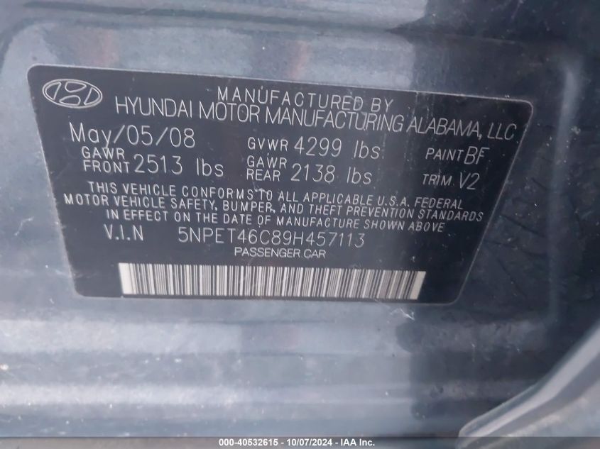 5NPET46C89H457113 2009 Hyundai Sonata Gls