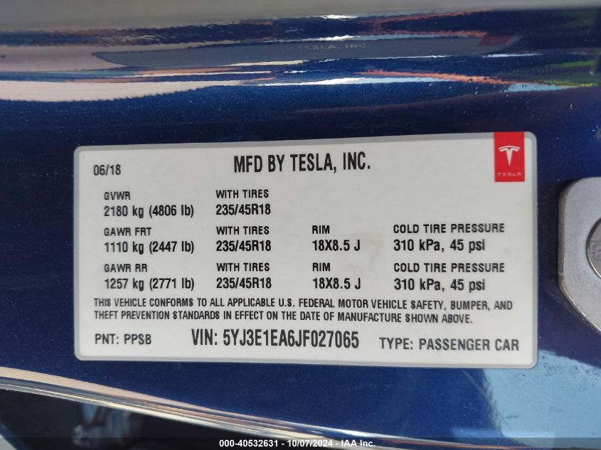 2018 TESLA MODEL 3 LONG RANGE/MID RANGE - 5YJ3E1EA6JF027065