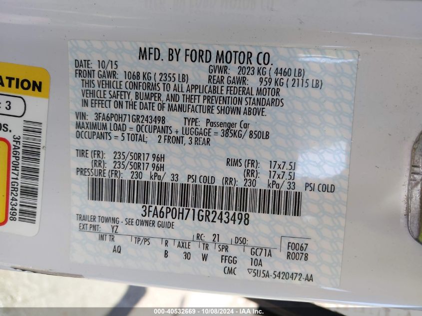 2016 FORD FUSION SE - 3FA6P0H71GR243498