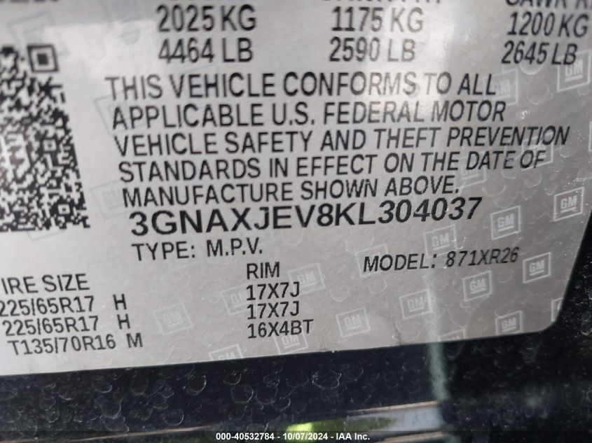 3GNAXJEV8KL304037 2019 Chevrolet Equinox Lt