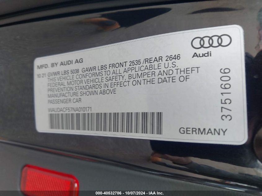 WAUDACF57NA010171 2022 Audi A5 Sportback Premium 45