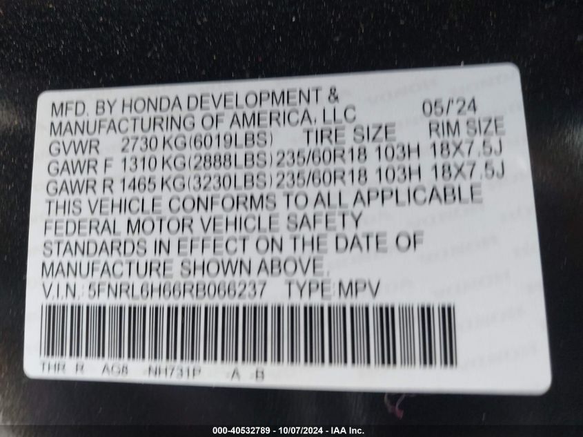 2024 Honda Odyssey Exl VIN: 5FNRL6H66RB066237 Lot: 40532789