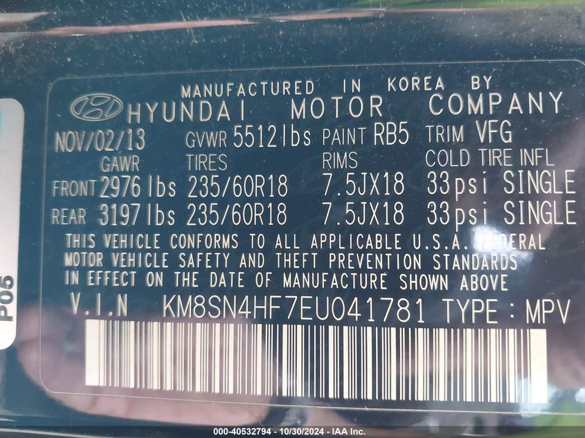 2014 Hyundai Santa Fe Gls VIN: KM8SN4HF7EU041781 Lot: 40532794