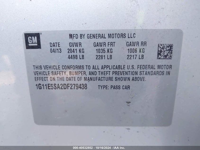 2013 Chevrolet Malibu 2Lt VIN: 1G11E5SA2DF279438 Lot: 40532852