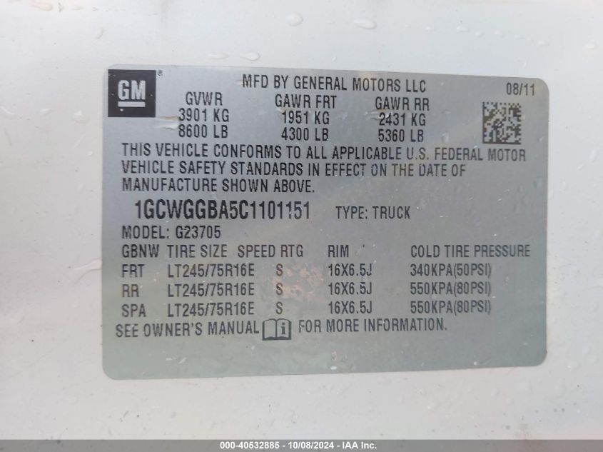 1GCWGGBA5C1101151 2012 Chevrolet Express G2500