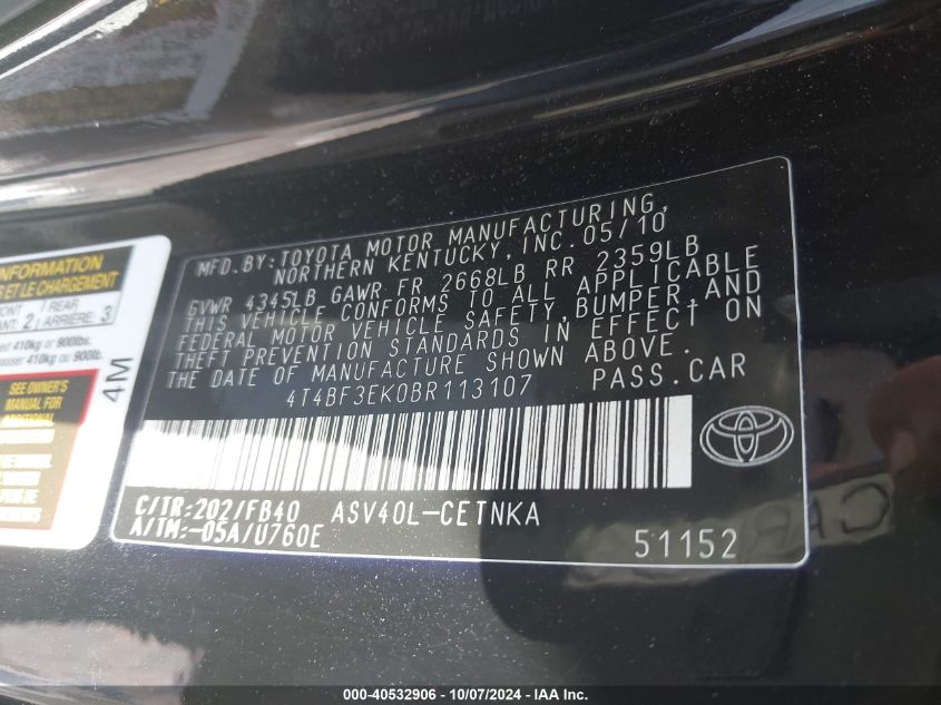 4T4BF3EK0BR113107 2011 Toyota Camry Le