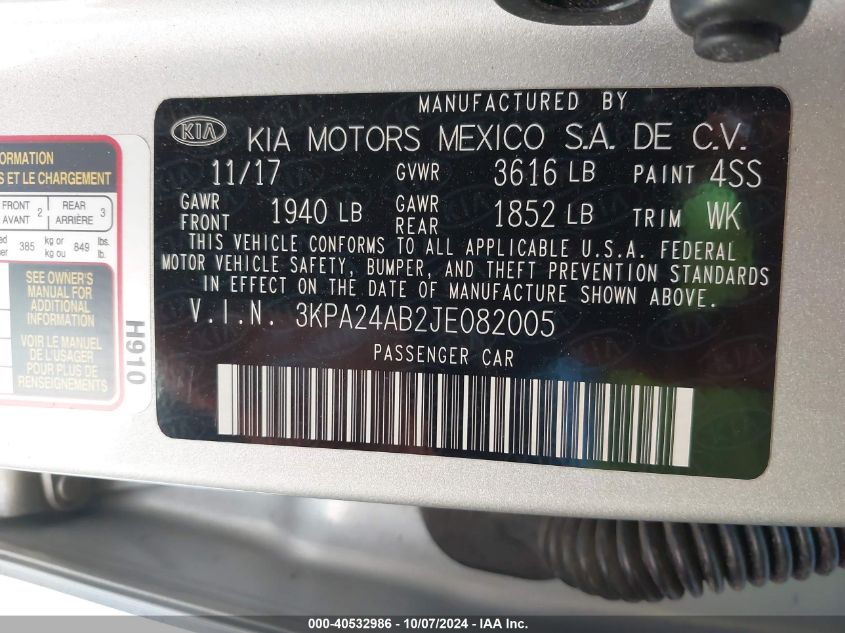 2018 Kia Rio S VIN: 3KPA24AB2JE082005 Lot: 40532986