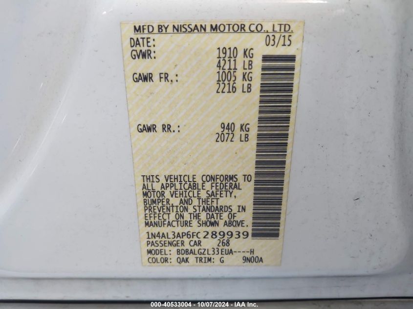 1N4AL3AP6FC289939 2015 Nissan Altima 2.5/S/Sv/Sl