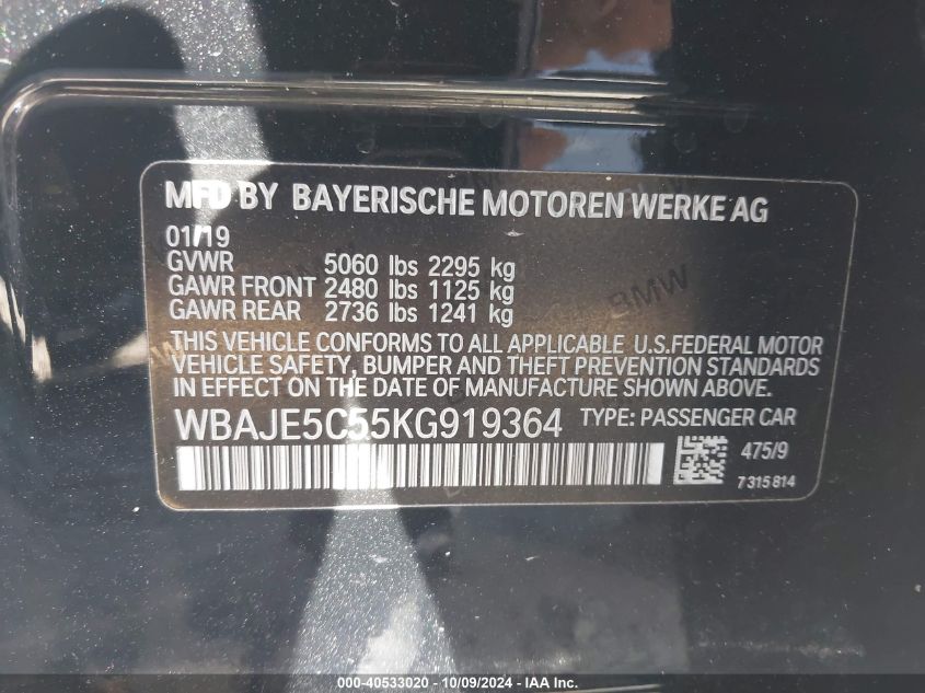 WBAJE5C55KG919364 2019 BMW 540I