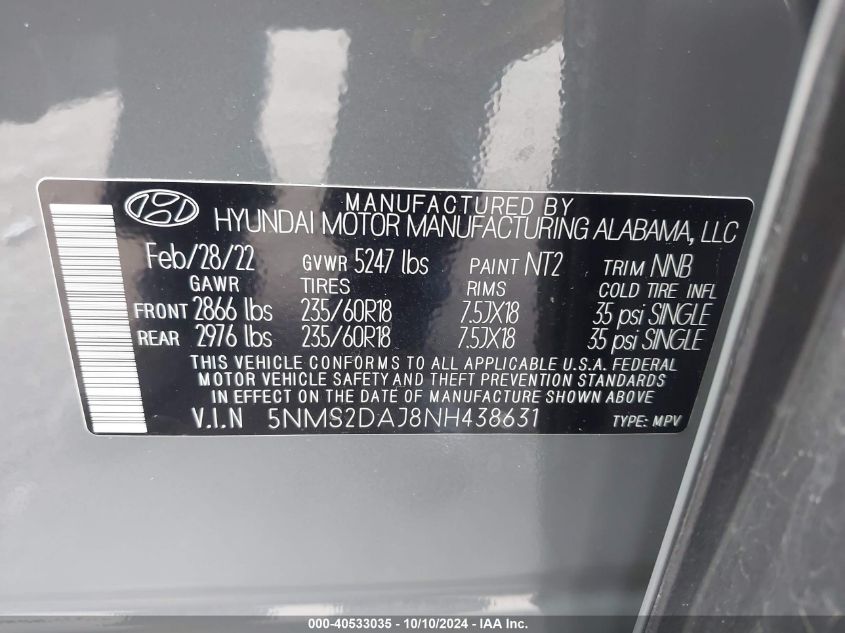 2022 Hyundai Santa Fe Sel VIN: 5NMS2DAJ8NH438631 Lot: 40533035