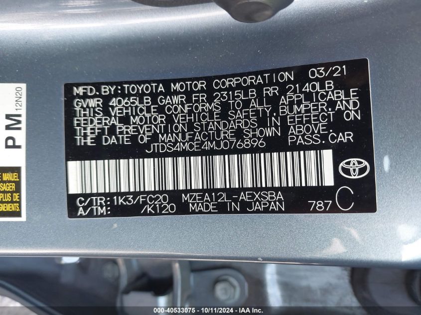 JTDS4MCE4MJ076896 2021 Toyota Corolla Se