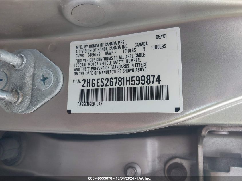 2HGES26781H599874 2001 Honda Civic Ex