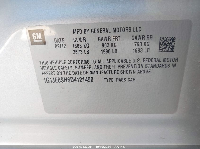 1G1JE6SH6D4121490 2013 Chevrolet Sonic Ltz Auto