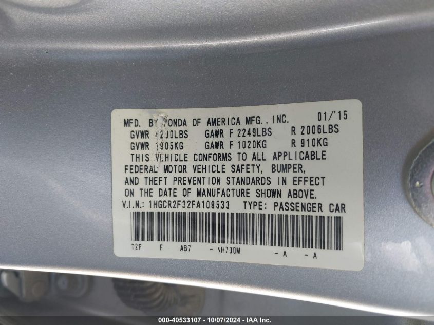 1HGCR2F32FA109533 2015 Honda Accord Lx