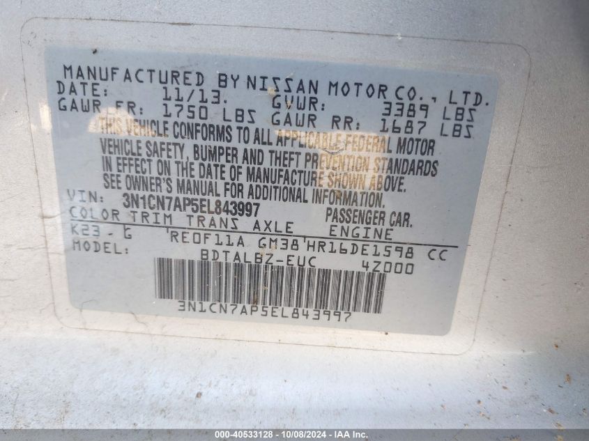 3N1CN7AP5EL843997 2014 Nissan Versa S/S Plus/Sv/Sl