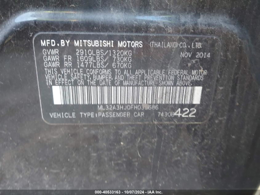 ML32A3HJ0FH035686 2015 Mitsubishi Mirage De