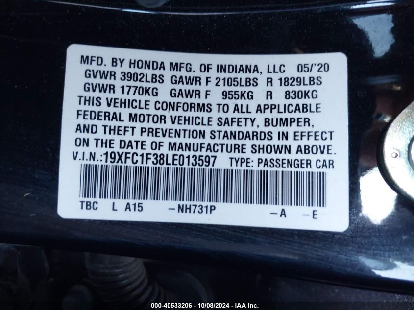 19XFC1F38LE013597 2020 Honda Civic Ex