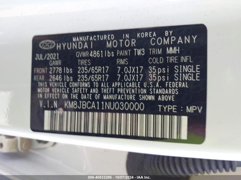 2022 Hyundai Tucson Hybrid Blue VIN: KM8JBCA11NU030000 Lot: 40533295