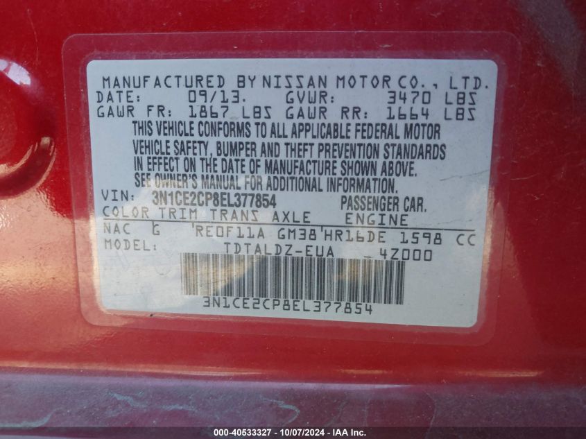 3N1CE2CP8EL377854 2014 Nissan Versa Note Sv