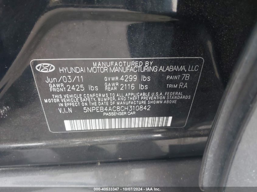 5NPEB4AC8CH310842 2012 Hyundai Sonata Gls