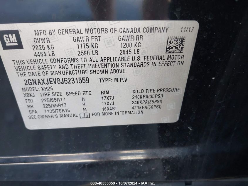 2GNAXJEV8J6231559 2018 Chevrolet Equinox Lt