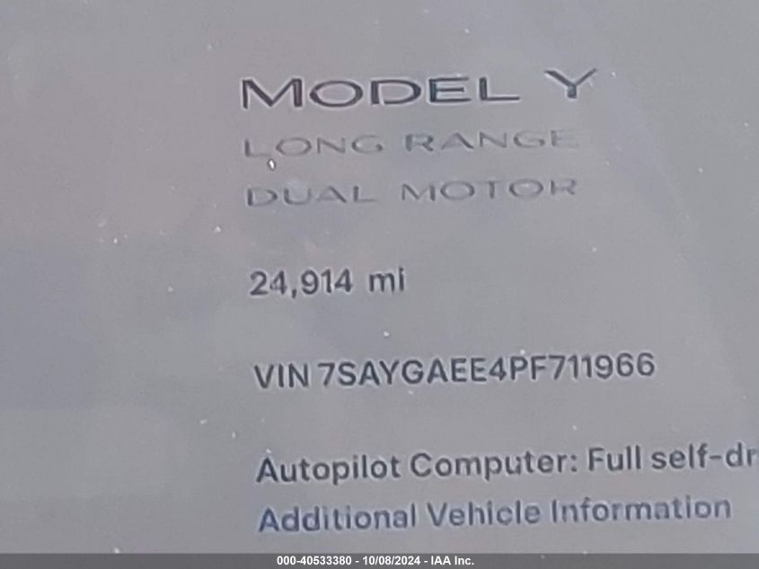 2023 Tesla Model Y Awd/Long Range Dual Motor All-Wheel Drive VIN: 7SAYGAEE4PF711966 Lot: 40533380