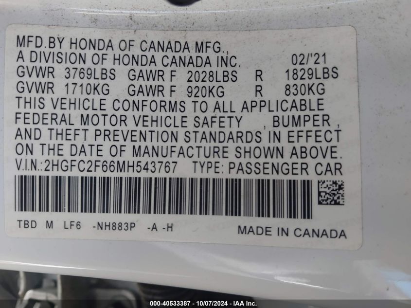 2HGFC2F66MH543767 2021 Honda Civic Lx