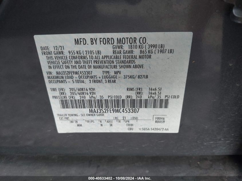 2021 Ford Ecosport S VIN: MAJ3S2FE9MC453307 Lot: 40533402