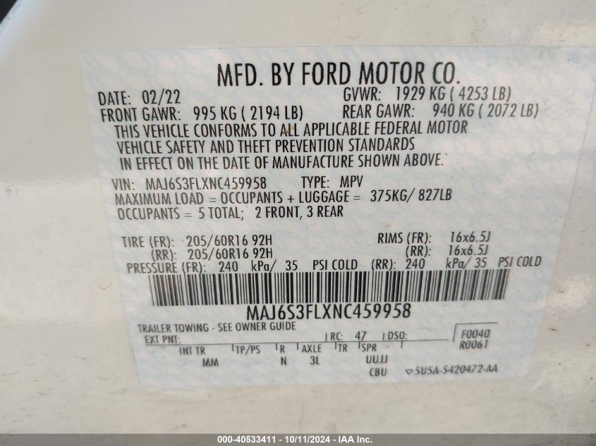 MAJ6S3FLXNC459958 2022 Ford Ecosport S